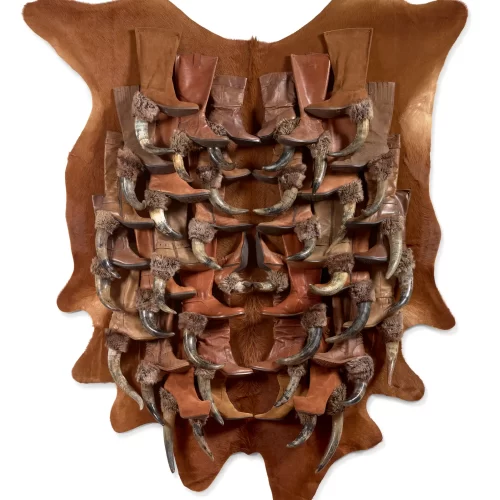 Sex, Sexuality, and Society - EL SALVADOR / 2023 / Used shoes, animal horn, hide / 95” x 76” x 10 ½” / USA